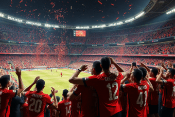 Jogadores do Flamengo celebrando a vitória contra o Deportivo Táchira na Libertadores.
