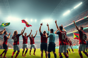 Flamengo celebrando a vitória sobre o Fortaleza com um placar de 5 a 0 no Campeonato Brasileiro.