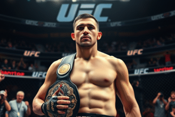 Ilia Topuria celebra sua vitória no UFC 317.