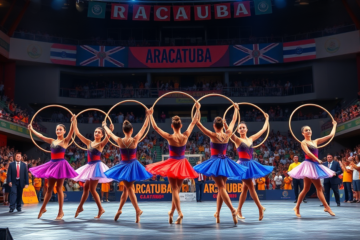 Equipe de Ginástica Rítmica de Araçatuba durante os Jogos Abertos do Interior, destacando-se em várias competições.
