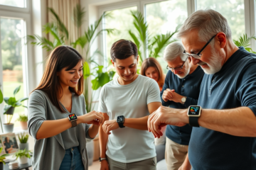 Imagem de smartwatches que monitoram a saúde com sensores avançados.
