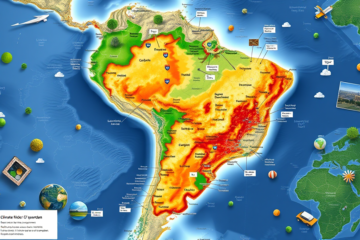Mapa interativo que mostra os riscos climáticos no Brasil, destacando inundações e secas, e suas implicações sobre infraestrutura e agricultura.
