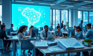 Crescimento do setor de telecomunicações no Brasil, destacando a geração de empregos qualificados e a expansão da infraestrutura 5G.