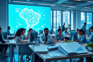 Crescimento do setor de telecomunicações no Brasil, destacando a geração de empregos qualificados e a expansão da infraestrutura 5G.