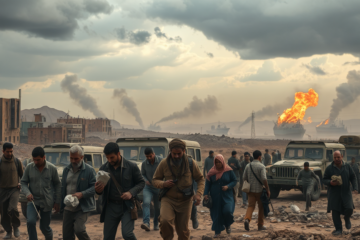 Imagem ilustrativa da crise econômica gerada pela guerra no Oriente Médio, destacando os altos preços do petróleo e a insegurança alimentar.