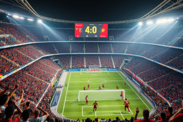 Flamengo comemora a goleada de 4 a 0 sobre o Corinthians no Maracanã, com torcedores vibrando nas arquibancadas.