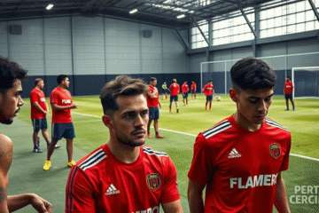 Jogadores do Flamengo durante a preparação para o jogo contra o Central Córdoba na Libertadores.