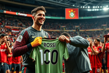 Agustín Rossi recebe camisa comemorativa em homenagem pelos 100 jogos com a camisa do Flamengo.