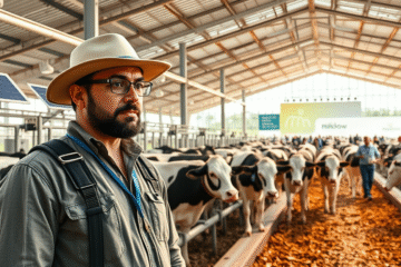 Imagem ilustrativa da nova tecnologia na produção de leite, mostrando bem-estar animal e inovações do setor.