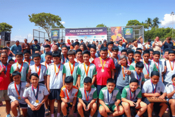 Alunos e equipes de Poços de Caldas no evento dos Jogos Escolares, conquistando medalhas e vagas para a fase final.