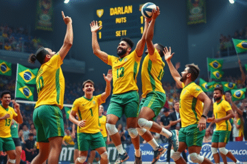 Jogadores da seleção brasileira comemorando a vitória sobre a Polônia na Liga das Nações de Vôlei.