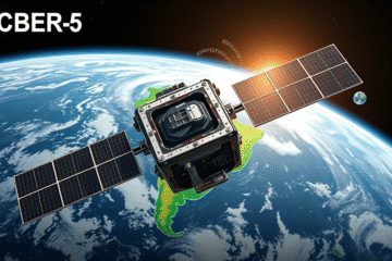 Imagem do satélite CBERS-5 representando a parceria Brasil-China em tecnologia espacial.