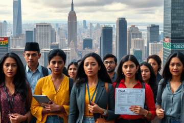 A imagem retrata brasileiros enfrentando os desafios das políticas de imigração enquanto buscam oportunidades e a qualidade de vida nos Estados Unidos.