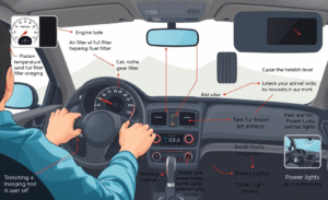 Motorista inspeccionando o carro antes de uma viagem, verificando óleo e componentes essenciais.