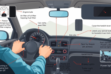 Motorista inspeccionando o carro antes de uma viagem, verificando óleo e componentes essenciais.