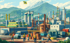 Gráfico mostrando o crescimento da produção industrial no Brasil em outubro de 2025, destacando os avanços e quedas por estado.