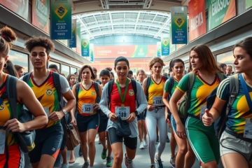 Atletas embarcando para os Jogos Abertos do Interior, com foco em várias modalidades esportivas.