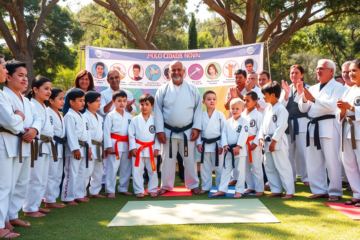 Cerimônia de graduação da turma de judô com alunos, familiares e professores celebrando os valores do esporte.