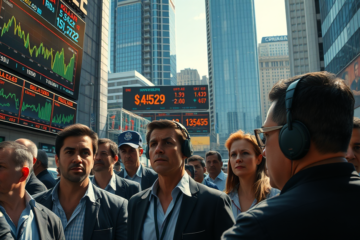 Gráfico mostrando a alta do dólar e a queda do Ibovespa, refletindo o impacto de fatores políticos e geopolíticos.