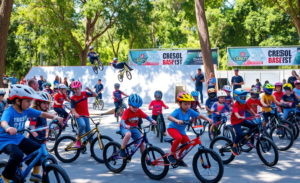 Crianças praticando BMX Freestyle durante atividade esportiva no ginásio.