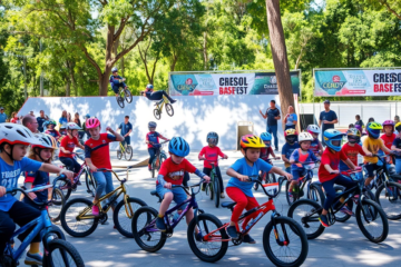 Crianças praticando BMX Freestyle durante atividade esportiva no ginásio.