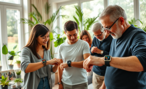 Imagem de smartwatches que monitoram a saúde com sensores avançados.