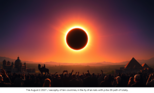 Eclipse solar com a Lua cobrindo o Sol, representando o fenômeno que ocorrerá em agosto de 2027.