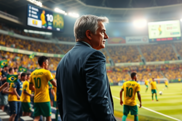 Carlo Ancelotti liderando a Seleção Brasileira na Copa do Mundo de 2026, focando em táticas defensivas e mudanças no elenco.