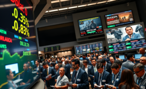 Gráfico mostrando a queda do dólar e a alta do Ibovespa em meio a eventos geopolíticos.