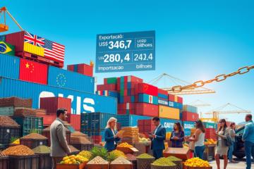 Análise da balança comercial brasileira em 2025, destacando superávit, exportações e impacto do tarifaço dos EUA.