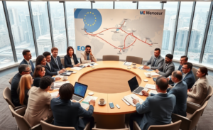 Acordo entre União Europeia e Mercosul trazendo oportunidades comerciais e benefícios econômicos.