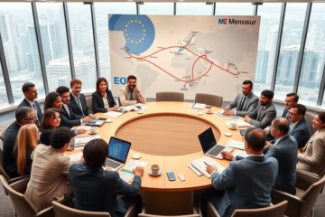 Acordo entre União Europeia e Mercosul trazendo oportunidades comerciais e benefícios econômicos.