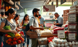 Gráfico mostrando a queda da inflação de alimentos e as variações de preços de produtos essenciais como arroz, carne e ovos.