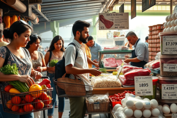 Gráfico mostrando a queda da inflação de alimentos e as variações de preços de produtos essenciais como arroz, carne e ovos.