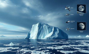 Imagem do iceberg A23a no Oceano Atlântico, em risco de desintegração, enquanto observatórios espaciais investigam mistérios do universo.