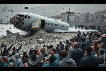 Avião militar acidentado com cédulas espalhadas no chão, após a tragédia que resultou em mortes e tumultos pela coleta do dinheiro.