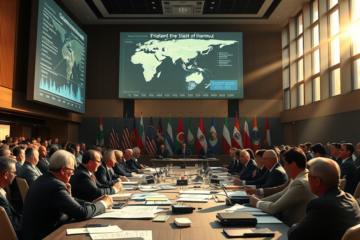 Imagem que representa as discussões sobre as projeções econômicas globais e as tensões no Oriente Médio.