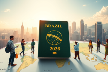 Gráfico mostrando a evolução do passaporte brasileiro em 2026, destacando sua posição na América Latina e no Global Passport Index.