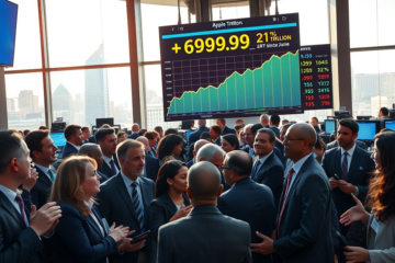Imagem representativa da valorização da Apple, destacando seu valor de mercado de 5 trilhões de dólares e o desempenho das ações.