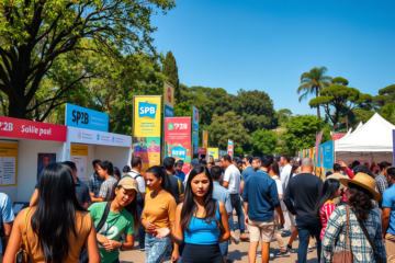 Evento SP2B no Parque Ibirapuera, destacando empreendedorismo e inovação com oficinas e experiências interativas.