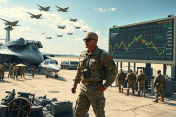 Imagem representativa da supremacia militar dos EUA e sua relação com o dólar como moeda de reserva global.