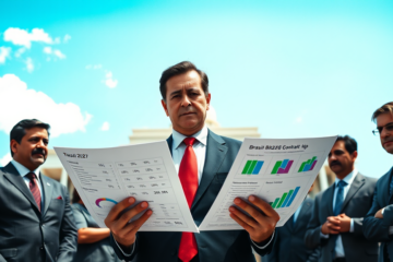 Ilustração representando os desafios do orçamento restrito para o próximo presidente do Brasil em 2027.